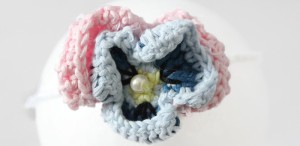 Cotton and pearl blue and pink pansy tieback